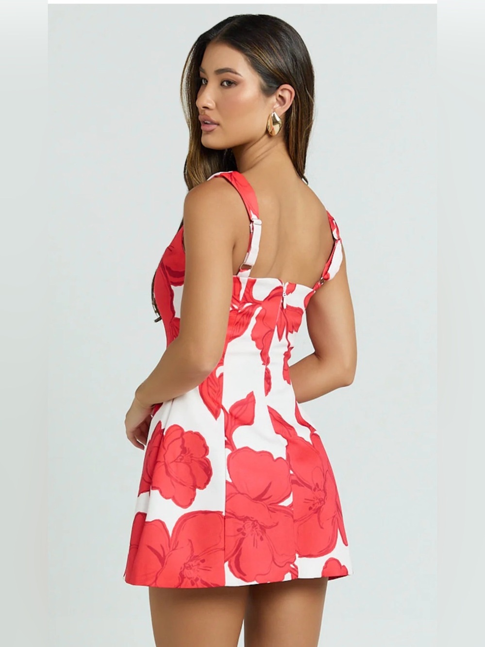NWT Showpo White Red Floral Print Square Neck Tulip Mini Dress size 2 - Picture 2 of 7